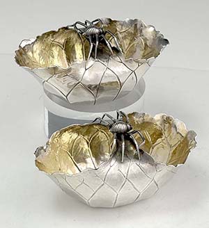 George Shiebler sterling pair of leaf form baskets with applied spiders